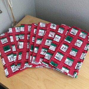 Vintage MCM Christmas Holiday Red White Cartoon Linen Dinner Napkins - Set of 8
